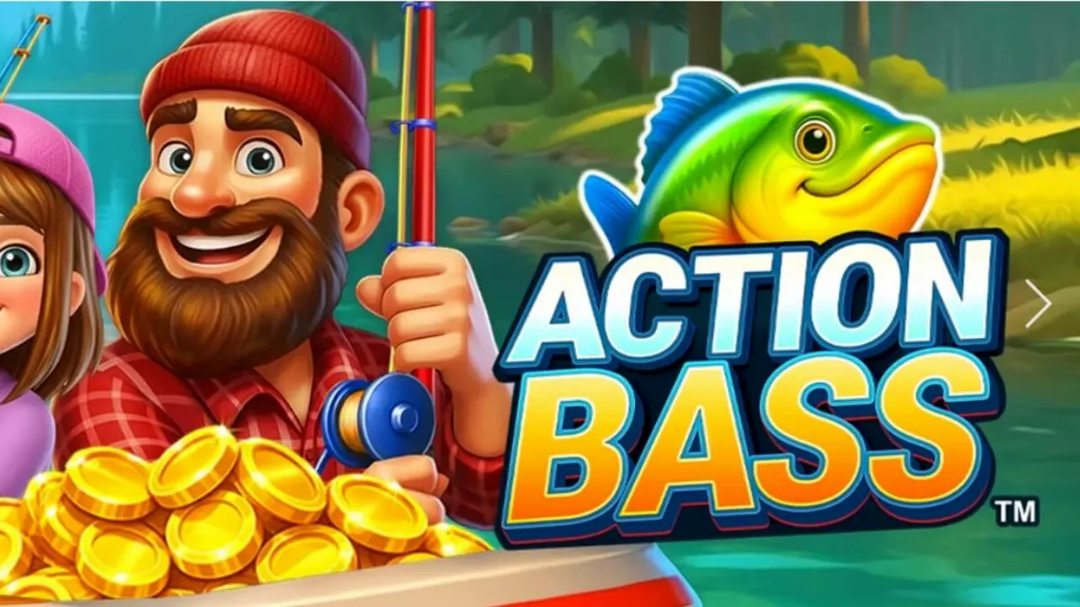 Tampilan visual slot Action Bass dengan latar belakang danau yang tenang dan simbol bertema memancing.