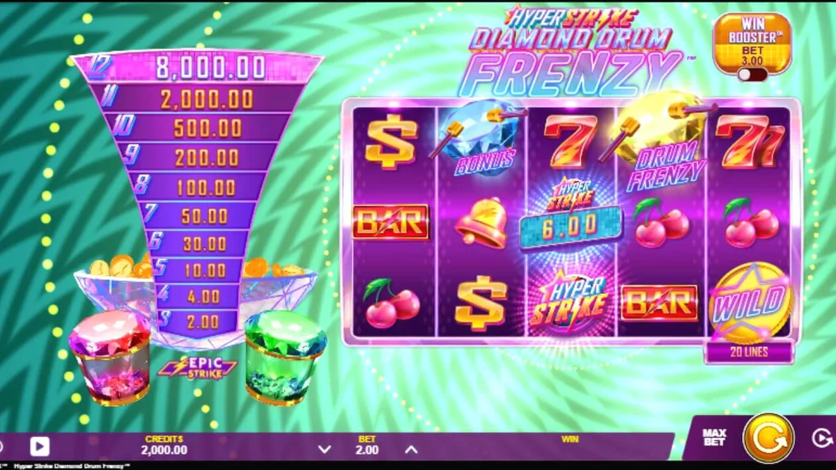 Tampilan visual neon retro dari slot Hyper Strike Diamond Drum Frenzy dengan simbol drum emas.